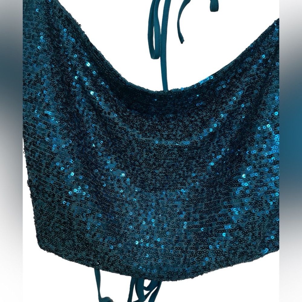 Wild Fable Sequin Halter Crop Top - Size M Turquoise Blue - Picture 2 of 6